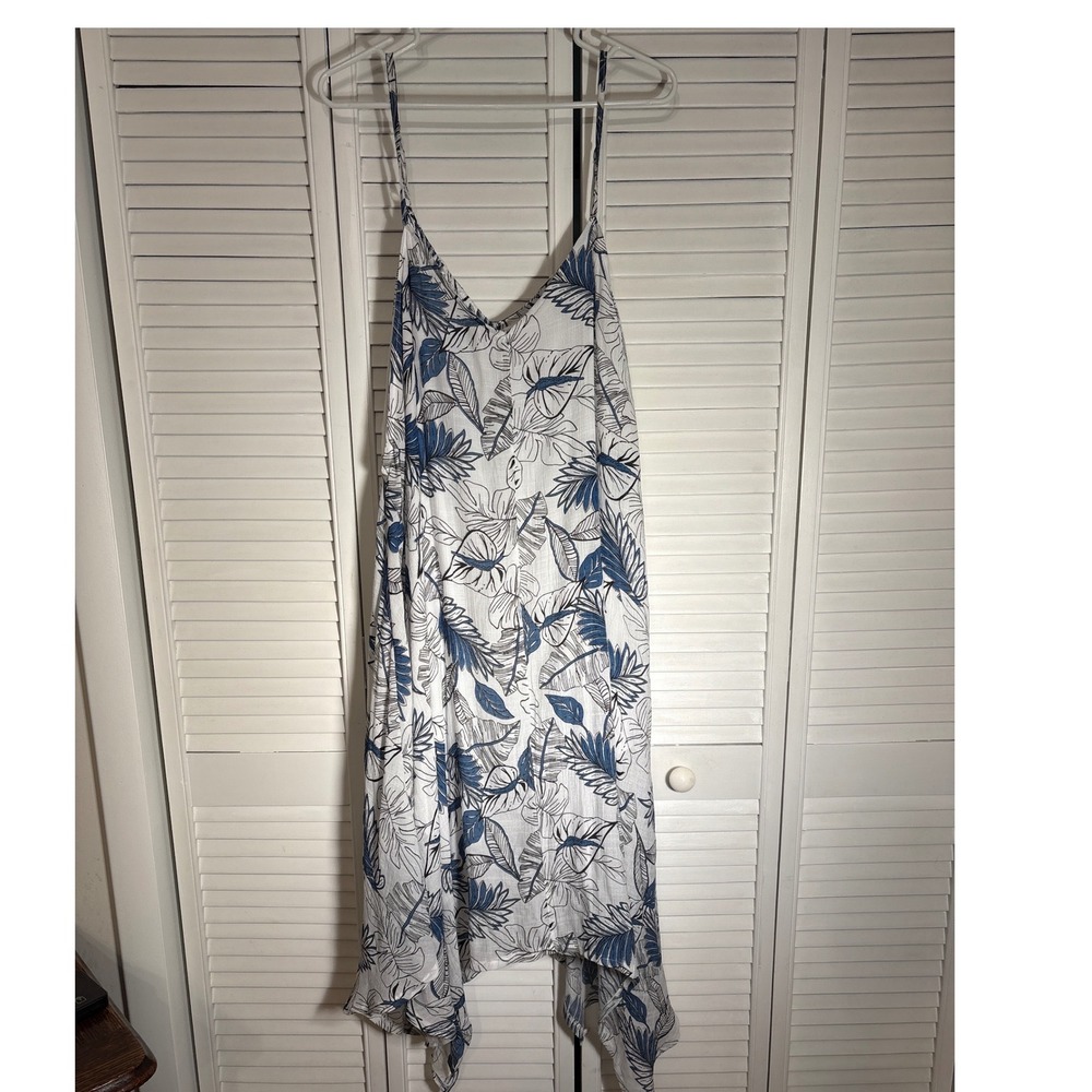 MT Collection Tropical Leaf Print Handkerchief Hem Midi Dress White Blue S/M
